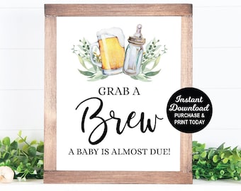 Grab A Brew A Baby is Almost Due, Beer Sign, A Baby is Brewing Sign, Beer Baby Shower, Drink Sign, Coed Baby Shower, Printable Sign