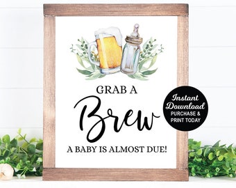 Grab A Brew A Baby is Almost Due, Beer Sign, A Baby is Brewing Sign, Beer Baby Shower, Drink Sign, Coed Baby Shower, Printable Sign