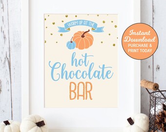 Hot Chocolate Sign, Pumpkin Hot Chocolate Sign, Pumpkin Drink Sign, Blue and Gold, Pumpkin Baby Shower Sign, Printable, INSTANT DOWNLOAD