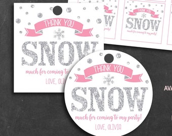 Winter Onederland Favor Tags Girl, Pink and Silver, Winter Onederland Thank You Tags, Square or Circle Printable PDF File 0006