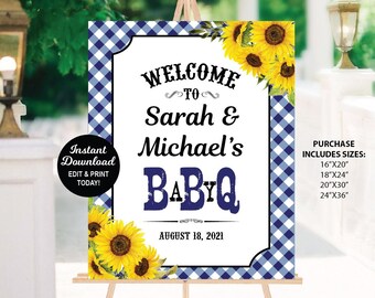 Baby Q Welcome Sign Navy, Baby Q Shower Sign, Sunflower BBQ Baby Shower Sign, Barbecue Baby Shower Poster, Coed Baby Shower Sign, Printable