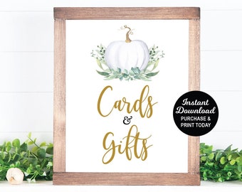 Cards and Gifts Sign, White Pumpkin Baby Shower Gift Table Sign, Greenery Baby Shower, Fall Baby Shower, Printable Sign