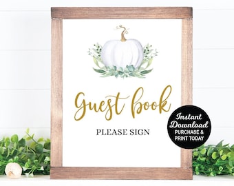 Guest Book Sign, White Pumpkin Baby Shower Guest Book, Pumpkin Greenery Baby Shower, Fall Baby Shower, Autumn, Printable Sign