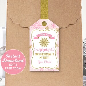 Winter ONEderland Favor Tags, Snowflake Thank You Tags, Pink and Gold,  Onederland 1st birthday, Editable Favor Tags, INSTANT DOWNLOAD