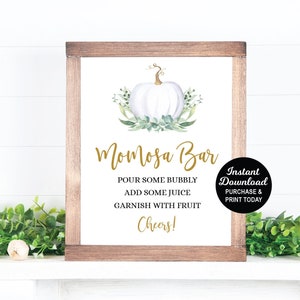 Momosa Bar Sign, White Pumpkin Baby Shower, Mimosa Bar, Little Pumpkin, Greenery Baby Shower, Fall Baby Shower, Printable Sign image 1