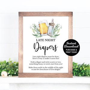 Late Night Diapers Sign, A Baby is Brewing Game, Diaper Message, Baby Shower Game, Beer Baby Shower, Baby Shower Activity, Coed Shower