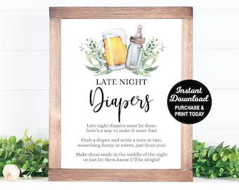 Late Night Diapers Sign, A Baby is Brewing Game, Diaper Message, Baby Shower Game, Beer Baby Shower, Baby Shower Activity, Coed Shower