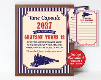 Train Time Capsule First Birthday Sign, Vintage Train first birthday, Boy Birthday, Printable PDF File, Editable Instant Download