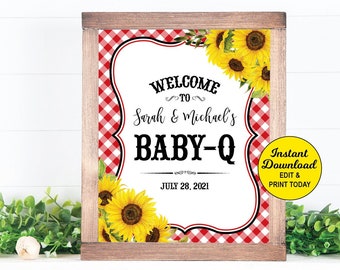 BabyQ Welcome Sign, BBQ Baby Shower Sign, Baby Q Shower Sign, Sunflower, Barbecue Baby Shower Sign, Coed Baby Shower Sign, Printable Sign