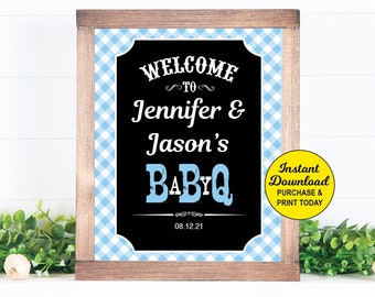 Baby Q Shower Welcome Sign, Printable BBQ Baby Shower Sign, Light Blue, Chalkboard Sign, Couples Baby Shower, Printable Instant Download