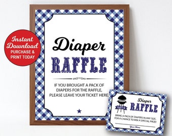 Baby Q Diaper Raffle Cards and Sign Navy Blue, BBQ Baby Shower Diaper Raffle Insert & Sign, DIY Printable Pdf File, Couples BBQ
