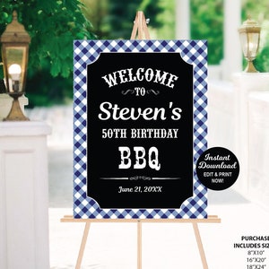 BBQ Birthday Welcome Sign Navy Blue, Editable BBQ Birthday Sign, Large Sign, Poster Welcome Sign, Barbecue Easel Sign, Printable
