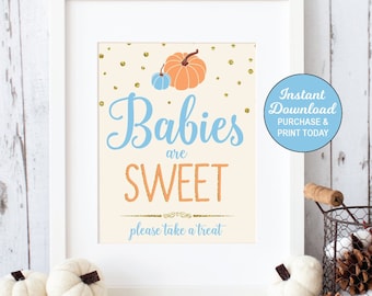 Pumpkin Favors Sign, Babies Are Sweet Please Take a Treat Sign, Baby Boy Shower, Blue Gold, Printable INSTANT DOWNLOAD