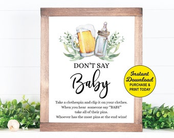 Don't Say Baby Game, A Baby is Brewing Game, Baby Shower Game, Beer Baby Shower, Baby Shower Activity, Clothespin Game Printable