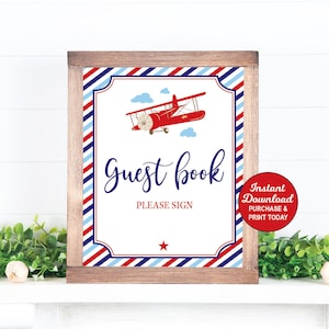 Airplane Guest Book Sign, Airplane Baby Shower, Sign the Guest Book, Baby Boy, Airplane Birthday, Vintage Airplane Printable PDF File