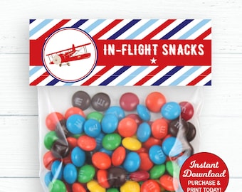 Airplane Treat Bag Toppers, Airplane Birthday Party Favors, Favor Bag Label, Boy Birthday, Inflight Snacks Label, Printable