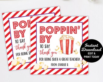 Popcorn Teacher Appreciation Tag Printable, Teacher Appreciation Week, Teacher Gift Tag, Teacher Thank You Tag