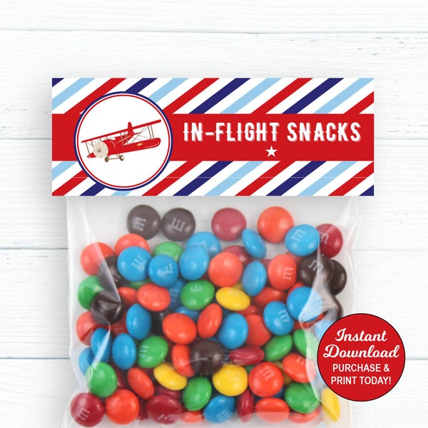 Airplane Treat Bag Toppers, Airplane Birthday Party Favors, Favor Bag Label, Boy Birthday, Inflight Snacks Label, Printable
