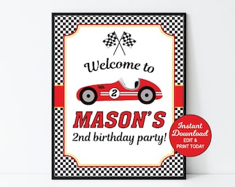 Puede incluir: Señal imprimible editable para una fiesta de cumpleaños número 2 con un diseño de coche de carreras rojo y bandera a cuadros. El cartel dice "¡Bienvenido a la fiesta de cumpleaños número 2 de Mason!" y tiene un botón de "Descarga instantánea, edita e imprime hoy".
