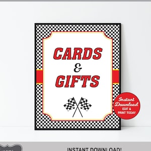 Kaarten en geschenken teken, race auto verjaardag cadeau teken, race auto verjaardag, jongen verjaardag, auto verjaardag, afdrukbare cadeau tafel teken