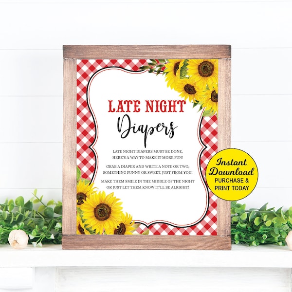 Baby Q Late Night Diapers Sign, Diaper Messages, BBQ Baby Shower Sign, Baby Q Sunflower Decorations, Printable Sign