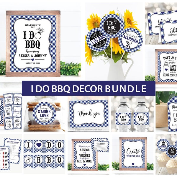 I Do Bbq Decoration Package, Editable Beer Engagement Party Decor Bundle Brewery Bridal Shower Couples Navy Blue Gingham Corjl Template