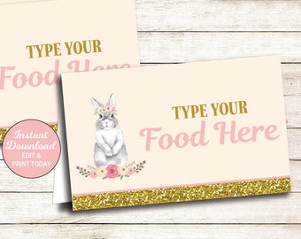 Bunny Party Food Labels Printable, Easter Bunny Food Labels, Bunny Food Tents Pink and Gold, Bunny Birthday Buffet Cards, Instant Download