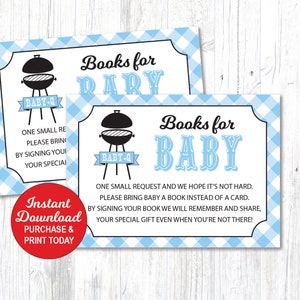 Boekaanvraagkaarten BabyQ Blauw, BBQ Babyshower Boekaanvraaginvoeging, Afdrukbaar PDF-bestand, Direct downloaden