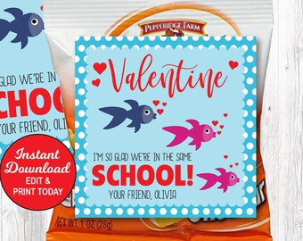 Goldfish Valentines, Kids Valentines School, Toddler Valentines, School Valentine, Goldfish Tags Editable, Printable PDF File