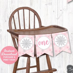 Winter ONEderland High Chair Banner, High Chair Banner Girl, First Birthday Banner, Smash Cake, Pink Silver, Printable, Instant Download