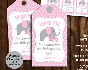 Elephant Favor Tags, Pink Elephant Thank You Tags, Elephant Baby Shower Tags, Printable Baby Shower Tags PDF File INSTANT DOWNLOAD