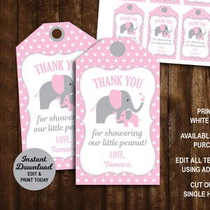 Elephant Favor Tags, Pink Elephant Thank You Tags, Elephant Baby Shower Tags, Printable Baby Shower Tags PDF File INSTANT DOWNLOAD image 1