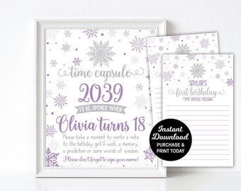 May include: Printable time capsule sign with a purple and silver snowflake design. The sign says "Time Capsule 2039 To Be Opened When Olivia Turns 18". It includes a message card that says "Saylor's First Birthday Time Capsule Message".