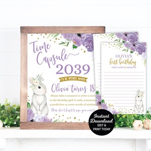 Bunny Birthday Time Capsule, Spring First Birthday, Some Bunny is One Decorations Lavender, Editable Sign, Girl 1st Birthday, Printable