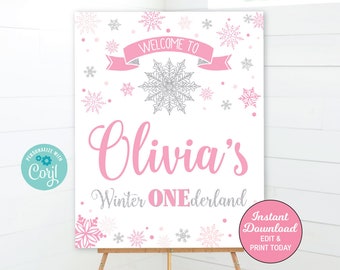 Winter ONEderland Welcome Sign, Printable Welcome sign, Winter ONEderland Birthday Sign, Large Sign, Poster, Pink Silver, INSTANT DOWNLOAD