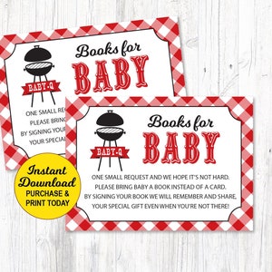 Baby Q Shower Book Request Cards, BBQ Baby Shower Book Request Cards, Red and Black Book Insert Card, Printable PDF File, Instant Download