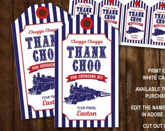 May include: Printable thank you tags with a blue and white striped background, red accents, and a cartoon train. The text reads "Chugga Chugga Thank Choo for chugging by!" and "Your Friend, Easton".