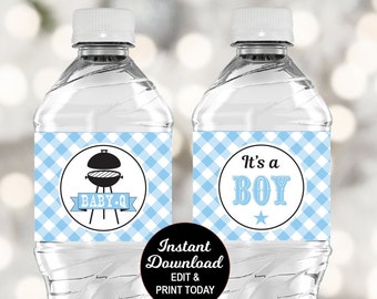 Baby Q Wasser Etiketten Hellblau, Grill Baby Shower Wasser Etiketten, Wasserflasche Aufkleber, Baby Q Junge, Sommer Baby Shower, bearbeitbare PDF-Datei