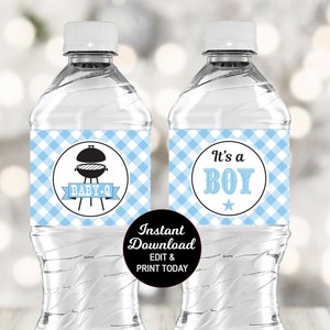 Baby Q Water Labels Light Blue, Bbq Baby Shower Water Labels, Water Bottle Sticker, Baby Q Boy, Summer Baby Shower, Editable PDF File