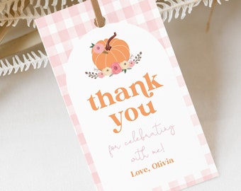 Editable Pumpkin Birthday Favor Tag, Autumn Fall Birthday Thank You Tag, Little Pumpkin Girl Party Favor Tags Decoration Corjl Template 0019
