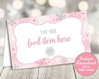 Winter ONEderland Food Labels, Snowflake Place Cards, Food Tents Printable, Pink and Silver, Editable, Buffet Cards, Instant Download 0006