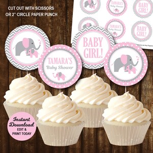 Elephant Baby Shower Cupcake Toppers, Elephant Baby Shower Decoration, Girl Baby Shower Cupcake Topper, DIY Cupcake Topper, INSTANT DOWNLOAD image 2