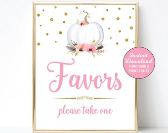 Baby Shower Favors Sign, Printable Baby Shower Favors Sign, Pumpkin, Fall, Autumn, Girl, Boho, Little Pumpkin, 8x10