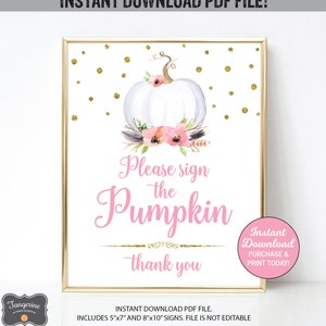 Sign The Pumpkin Sign, Pumpkin Guestbook Sign, Pumpkin Baby Shower, Pink and Gold, Floral Boho, Printable Sign, INSTANT DOWNLOAD