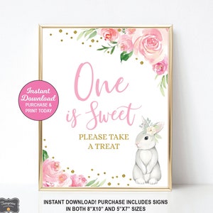 Bunny One is Sweet Sign, Bunny 1st Birthday Sign, Bunny Favor Sign, Girl First Birthday, Spring Birthday, First Birthday Sign, Printable