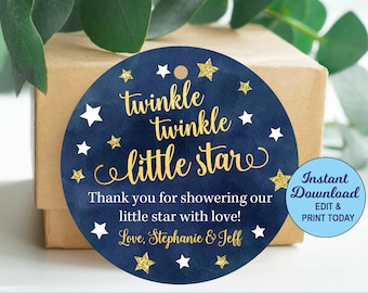 Twinkle Twinkle Little Star Baby Shower Favor Tags, Baby Shower Favors, Blue and Gold, Thank You Tags, Personalized, Printable PDF File