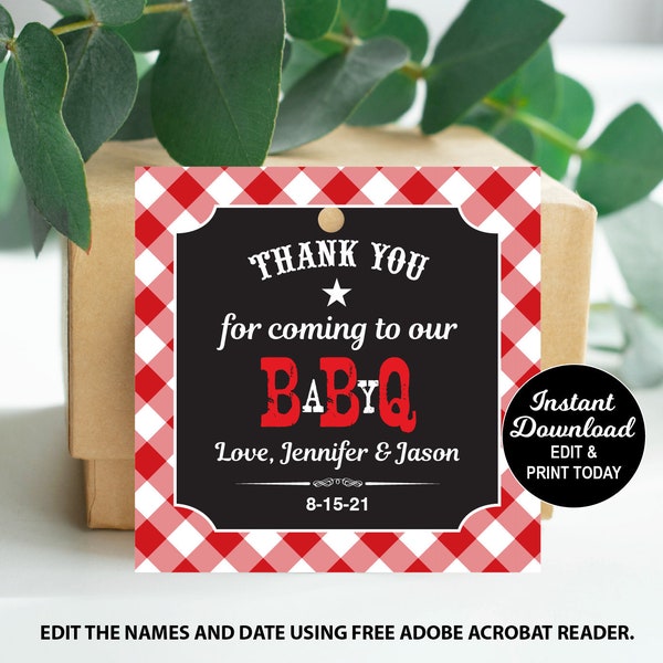 Baby Q Favor Tags Red Instant Download, BBQ Baby Shower Favor Tags, Baby Q Shower, Couples Baby Shower, Personalized Printable PDF File