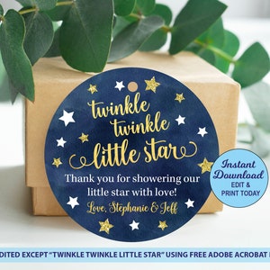 Twinkle Twinkle Little Star Baby Shower Favor Tags, Baby Shower Favors, Blue and Gold, Thank You Tags, Personalized, Printable PDF File
