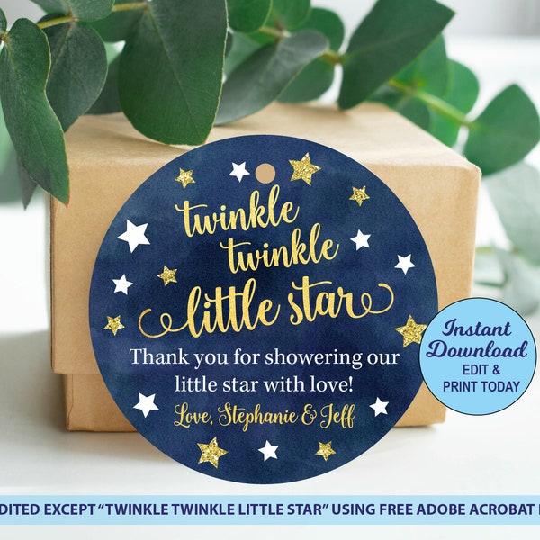 Twinkle Twinkle Little Star Baby Shower Favor Tags, Baby Shower Favors, Blue and Gold, Thank You Tags, Personalized, Printable PDF File