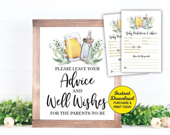 Predicciones para bebés y tarjetas y letreros de consejos, Un bebé está preparando baby shower, Consejos para los padres, Juego de baby shower de cerveza, Baby shower mixto